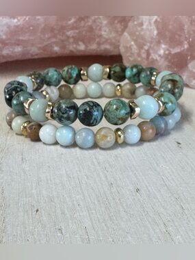 Hand Crafted African Turquoise Jasper and Amazonite Stone Beaded Bracelet Set